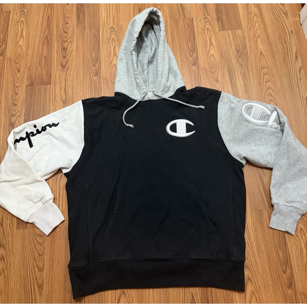 Champion Reverse Weave Hoodie Men's XL Script Logo Colorblock Pullover Black